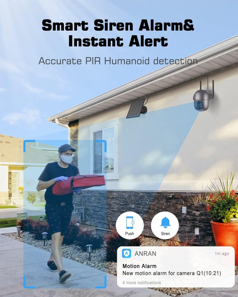 ANRAN 5MP Security Cameras Wireless Outdoor, Solar Camera Wireless with 360° View for Home Surveillance, WiFi Camera with Spotlights, PIR Detection, Color Night Vision, Siren Alarm, Q1 Max Grey - Image 5